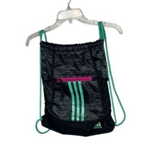 Adidas Black and Green Drawstring Bag.